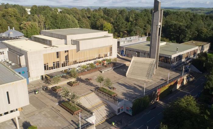 Aerial view of the arts centre and student's union buildings.
